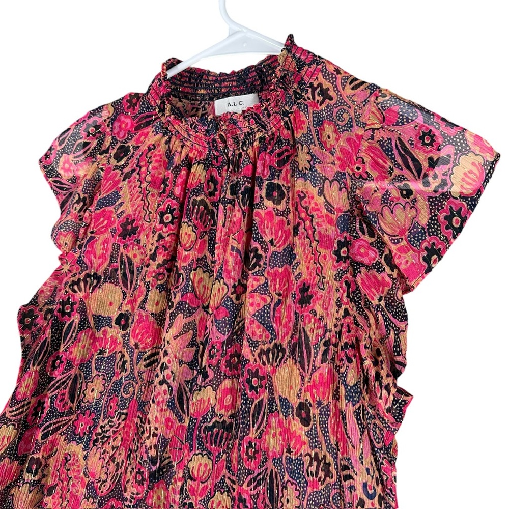 A.L.C. Women’s 4 Hayley Printed Top Silk Blend Chiffon Flutter Sleeve Blouse - Picture 7 of 14